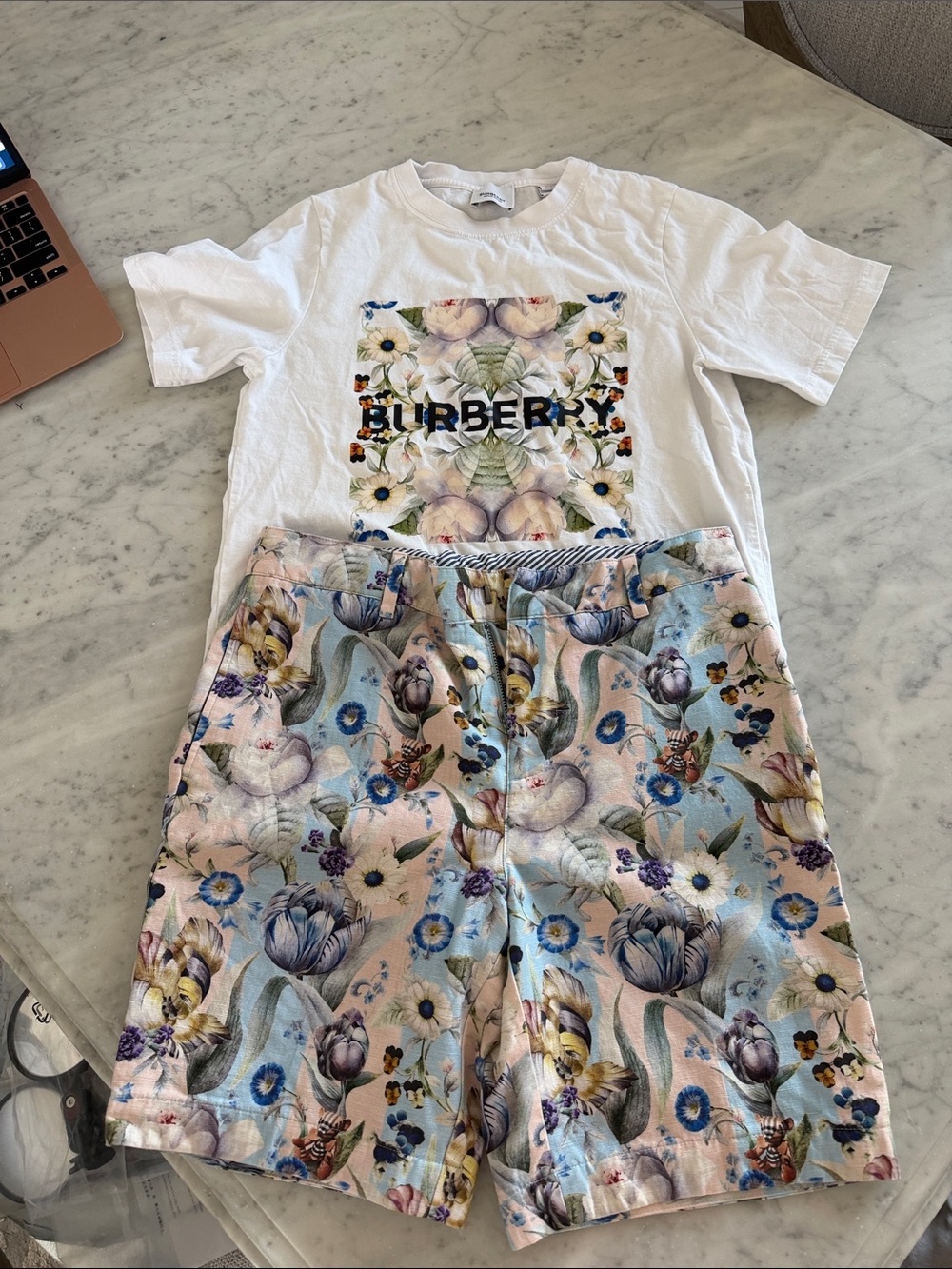 Burberry White Floral Logo Tee with Pastel Floral Shorts